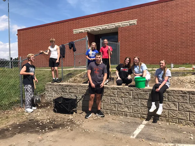 Students work on a landscaping project at the 6-12 Campus on Friday, May 8th.