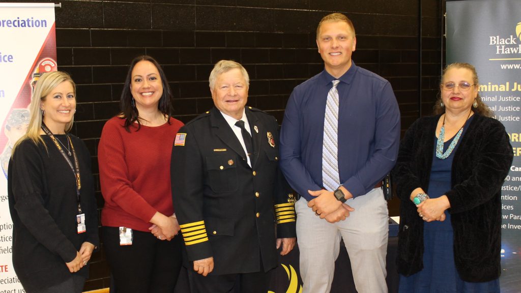 Award recipients (L-R) were Tracey Screechfield and Melissa Ketcham representing the Scott Emergency Communication Center; John Swan, retired Colona fire chief; Riley McIntyre, Davenport police officer; and Lowes Schmidt representing recipient Rose Smith, Sherrard school bus driver.