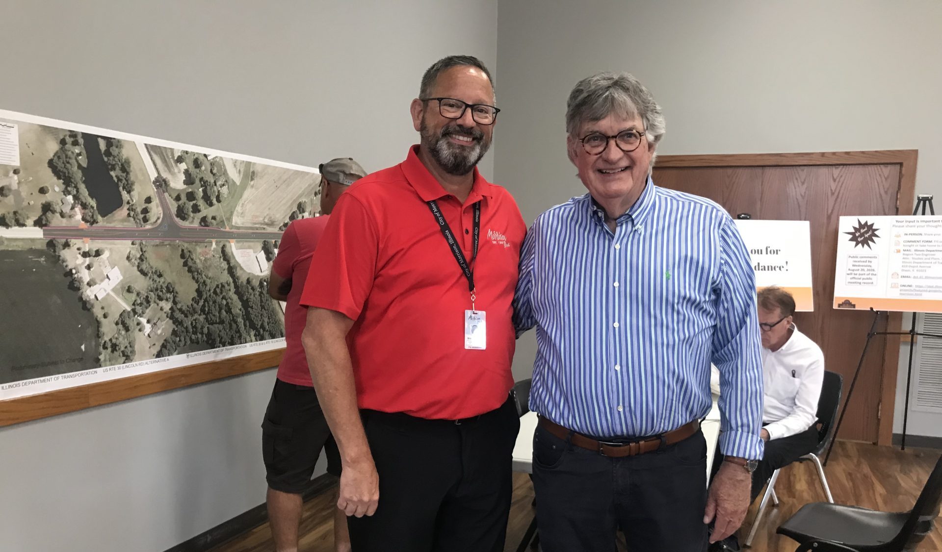 Morrison City Administrator Brian Melton, left, and Tim Slavin at Tuesday night's public IDOT meeting.