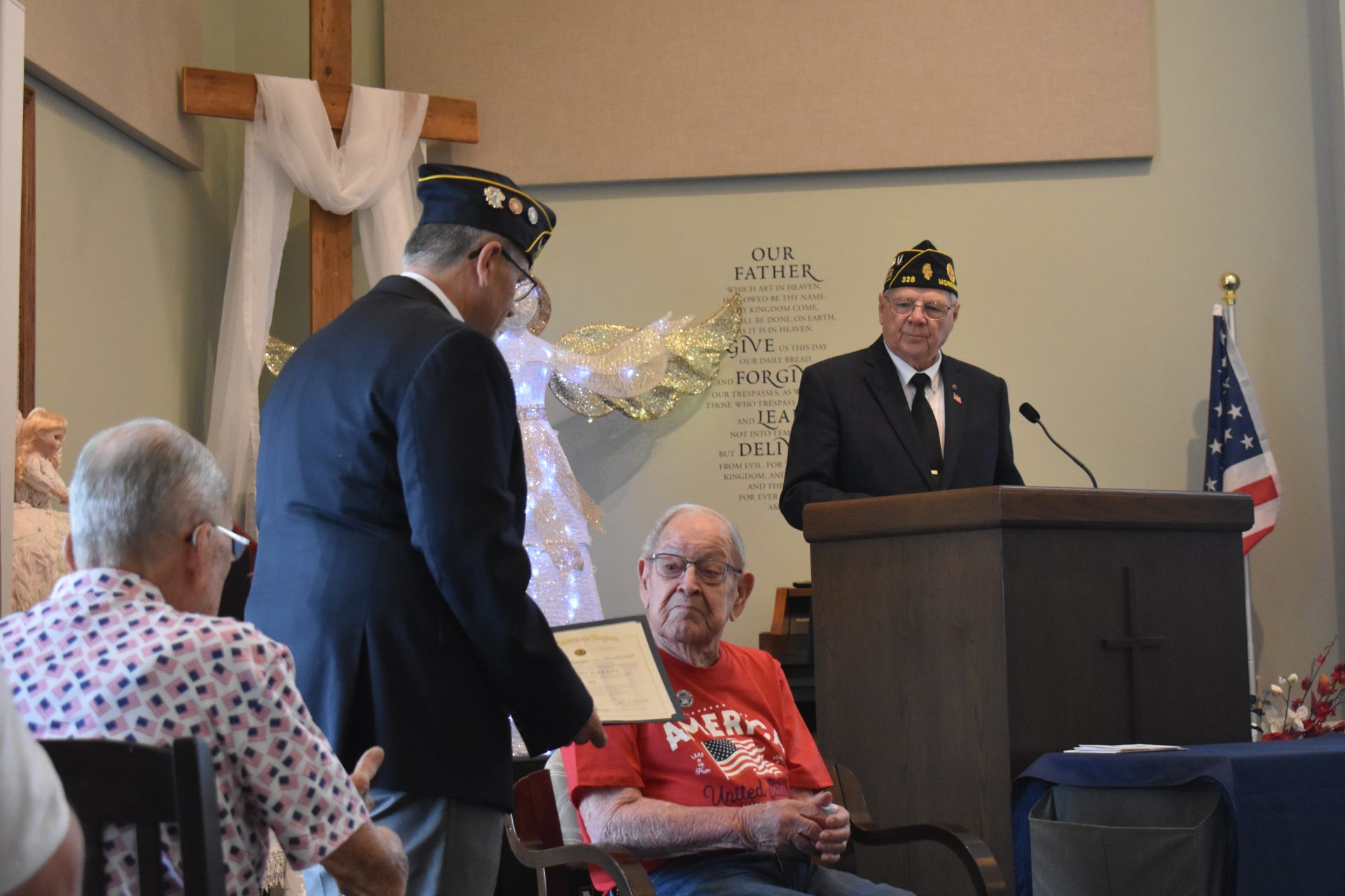 Legionnaire Jerry Brearton, Marvin Geerts, and Commander Larry Zuidema at Resthave Home on Saturday, June 27th.