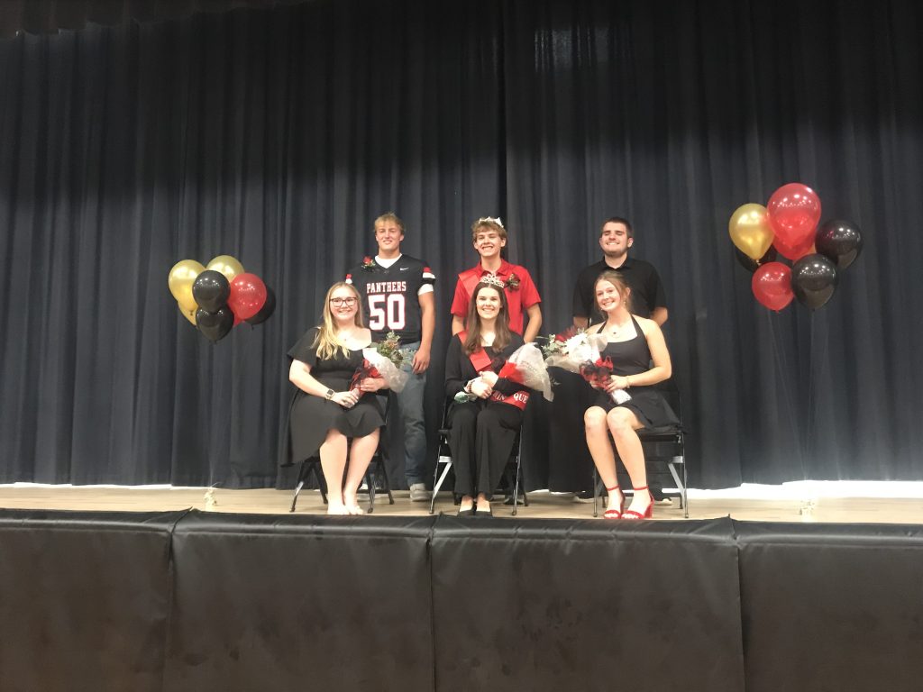 The 2026 Prophetstown High School Homecoming Court: Kora DeMay, Kennedi Shaffer, and Ellah Brooks, and Derek Naftzger, Price Shaffer, and Tim Lundquist (L-R). Twins Price and Kennedi Shaffer were crowned King and Queen!