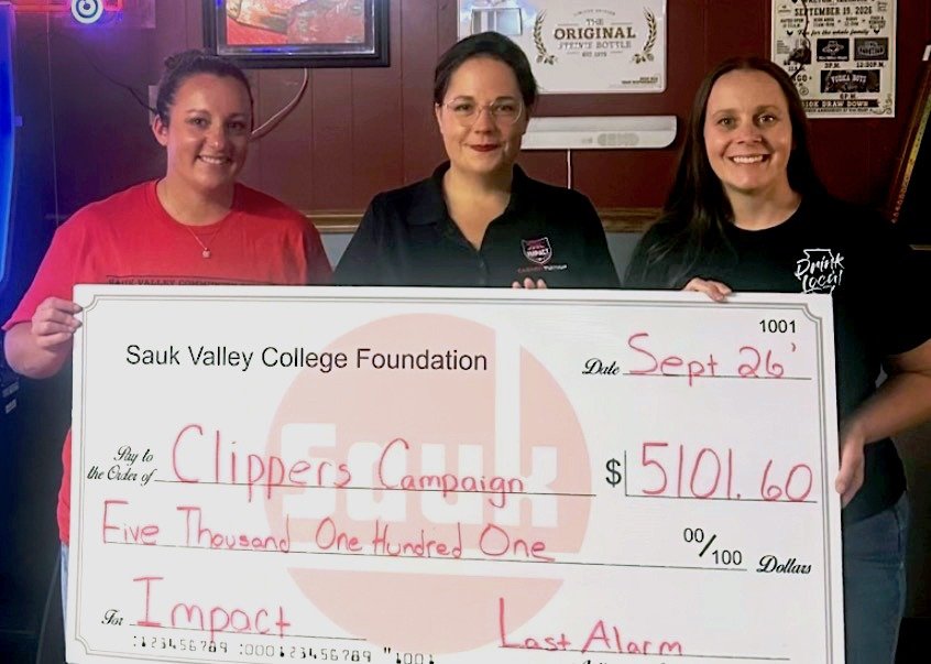 The Last Alarm Pub in Amboy donates $5,101 towards the SVCC Impact Program for Amboy Impact students through their Queen of Hearts drawing. Pictured from left to right: Dr. Emily Zimmerman, SVCC Dean of Business, Career, and Technical Programs; Dr. Lori Cortez, SVCC Vice President of Advancement; and Rachel Miller, Owner of the Last Alarm Pub.